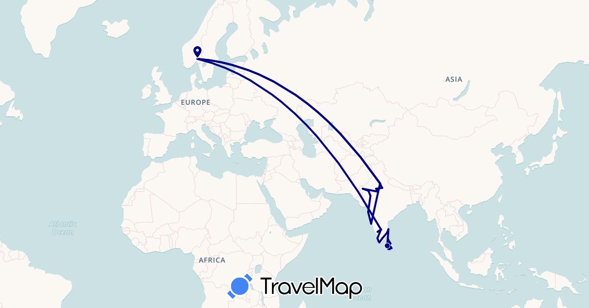 TravelMap itinerary: driving in India, Sri Lanka, Norway (Asia, Europe)